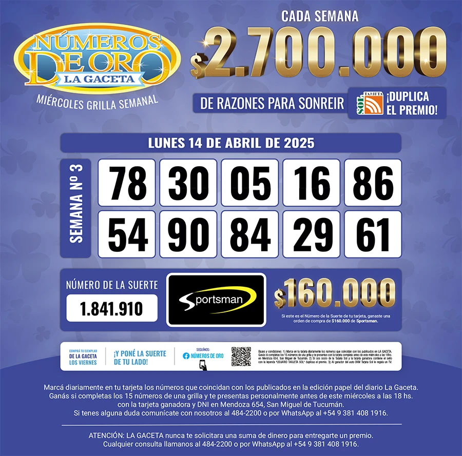 Los Números de Oro de LA GACETA del 14 de abril de 2025