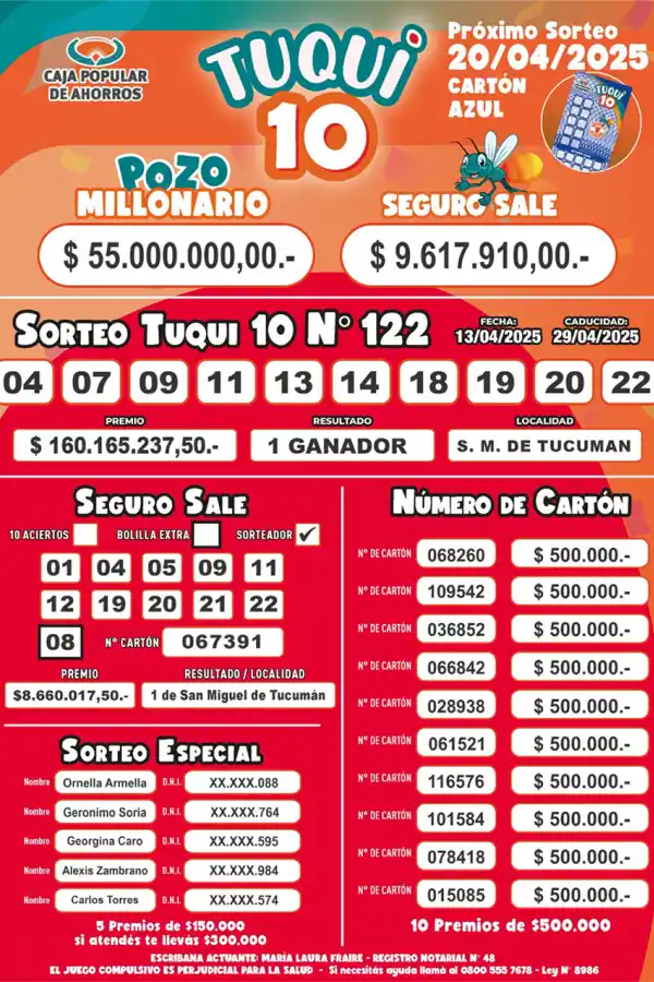 Tuqui 10: cómo salió el sorteo del domingo 13 de abril