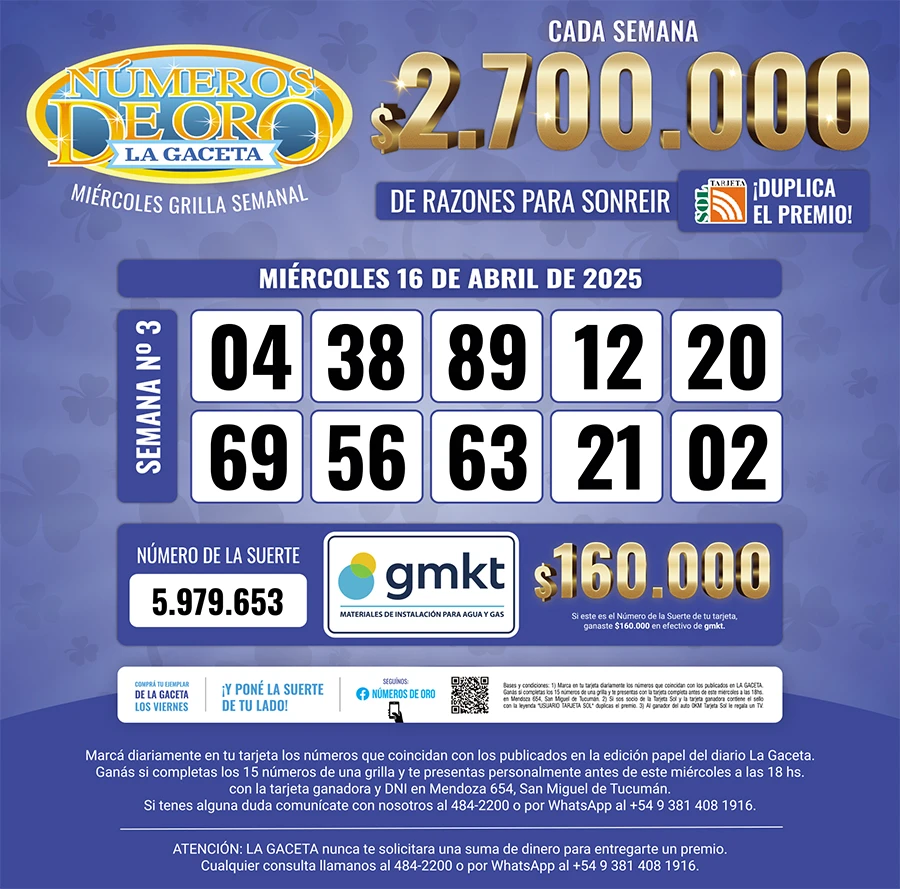 Los Números de Oro de LA GACETA del 16 de abril de 2025