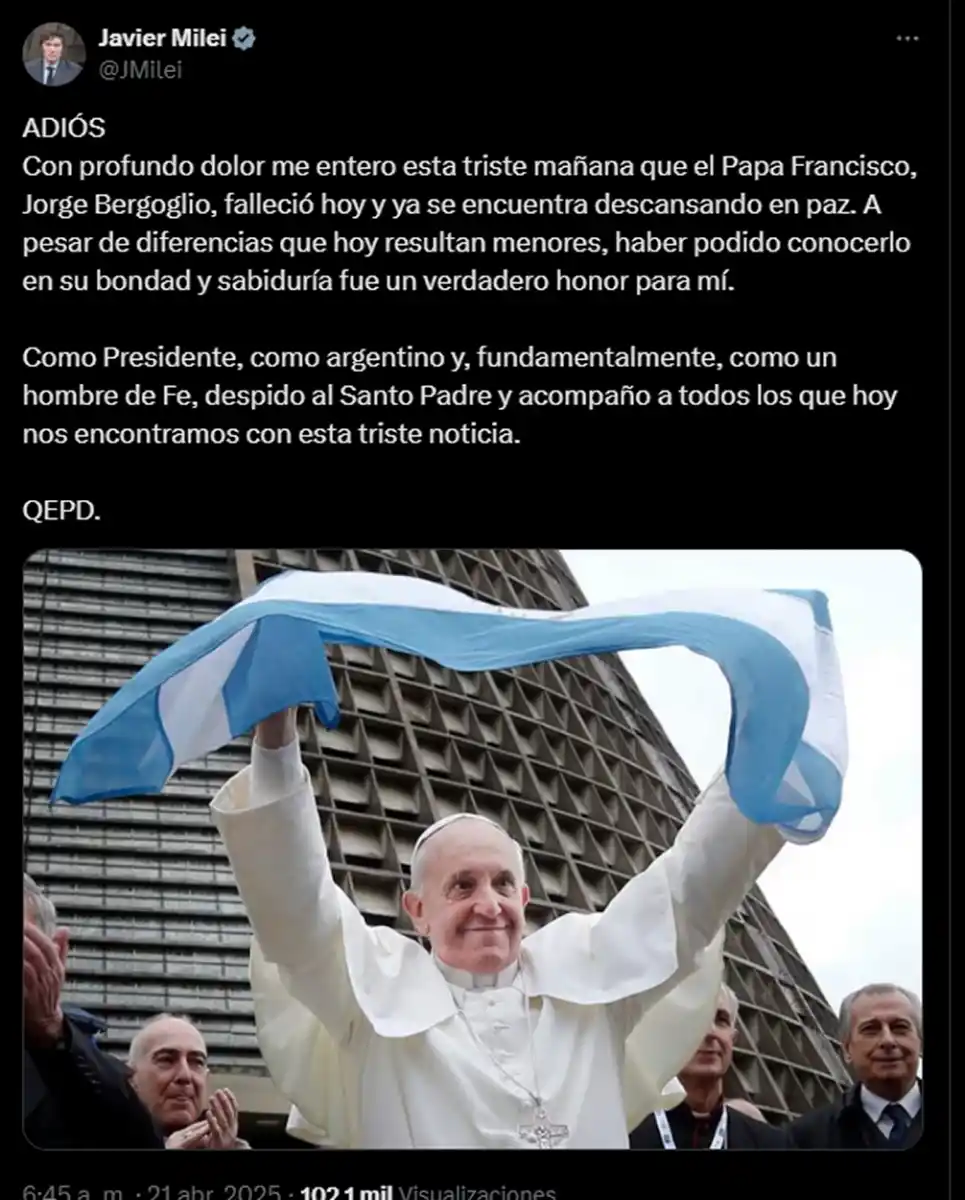 Javier Milei despidió al papa Francisco: “Profundo dolor”