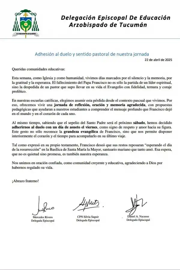 El viernes no habrá clases en los colegios católicos de Tucumán por la muerte del papa Francisco