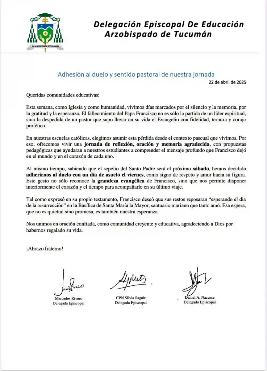 El viernes no habrá clases en los colegios católicos de Tucumán por la muerte del papa Francisco