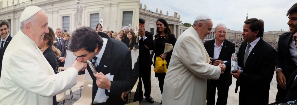 EL SALUDO. En fila, sólo algunos, pudieron tener cara a cara a Francisco. Ortega le besó la mano; Mohamed le dio una Virgen. 