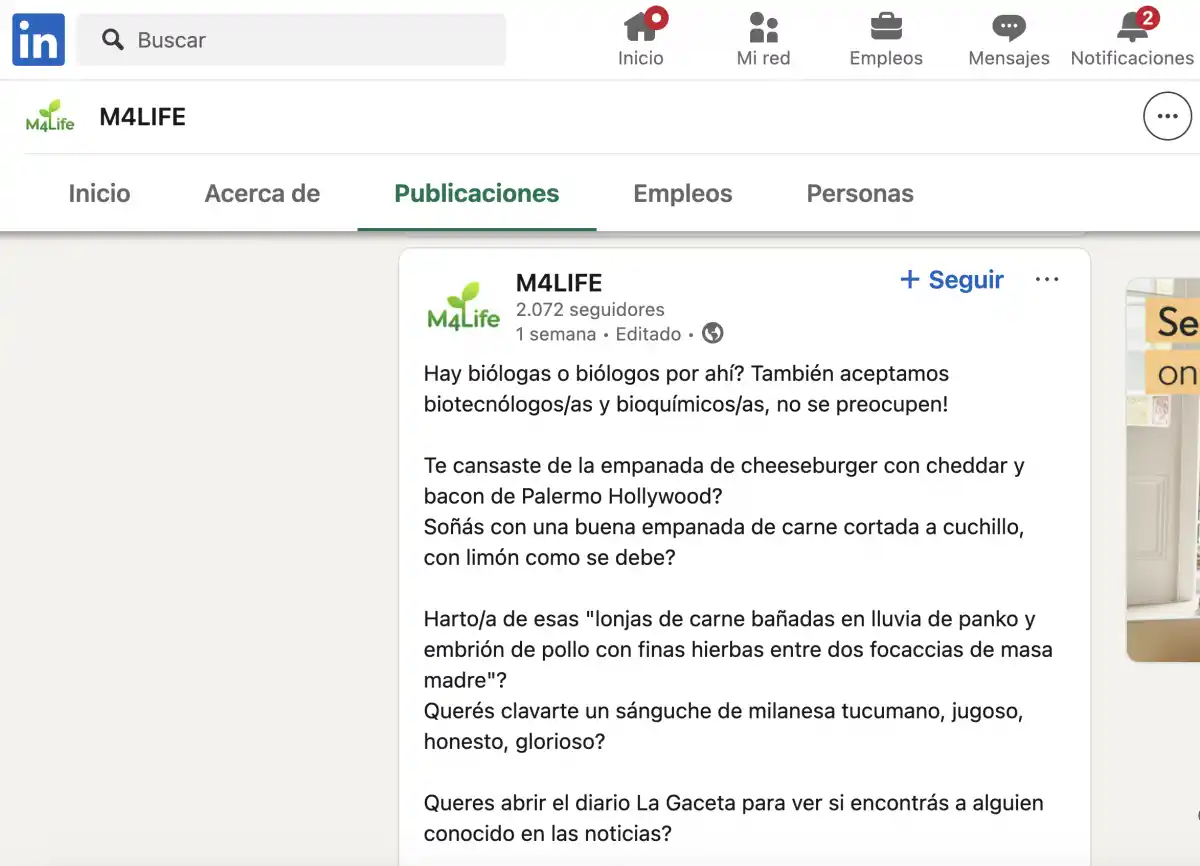 UN FRAGMENTO DEL AVISO. La búsqueda de M4Life en LinkedIn. / CAPTURA DE PANTALLA