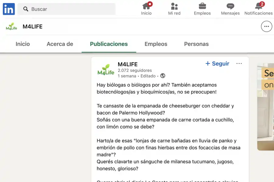 UN FRAGMENTO DEL AVISO. La búsqueda de M4Life en LinkedIn. / CAPTURA DE PANTALLA