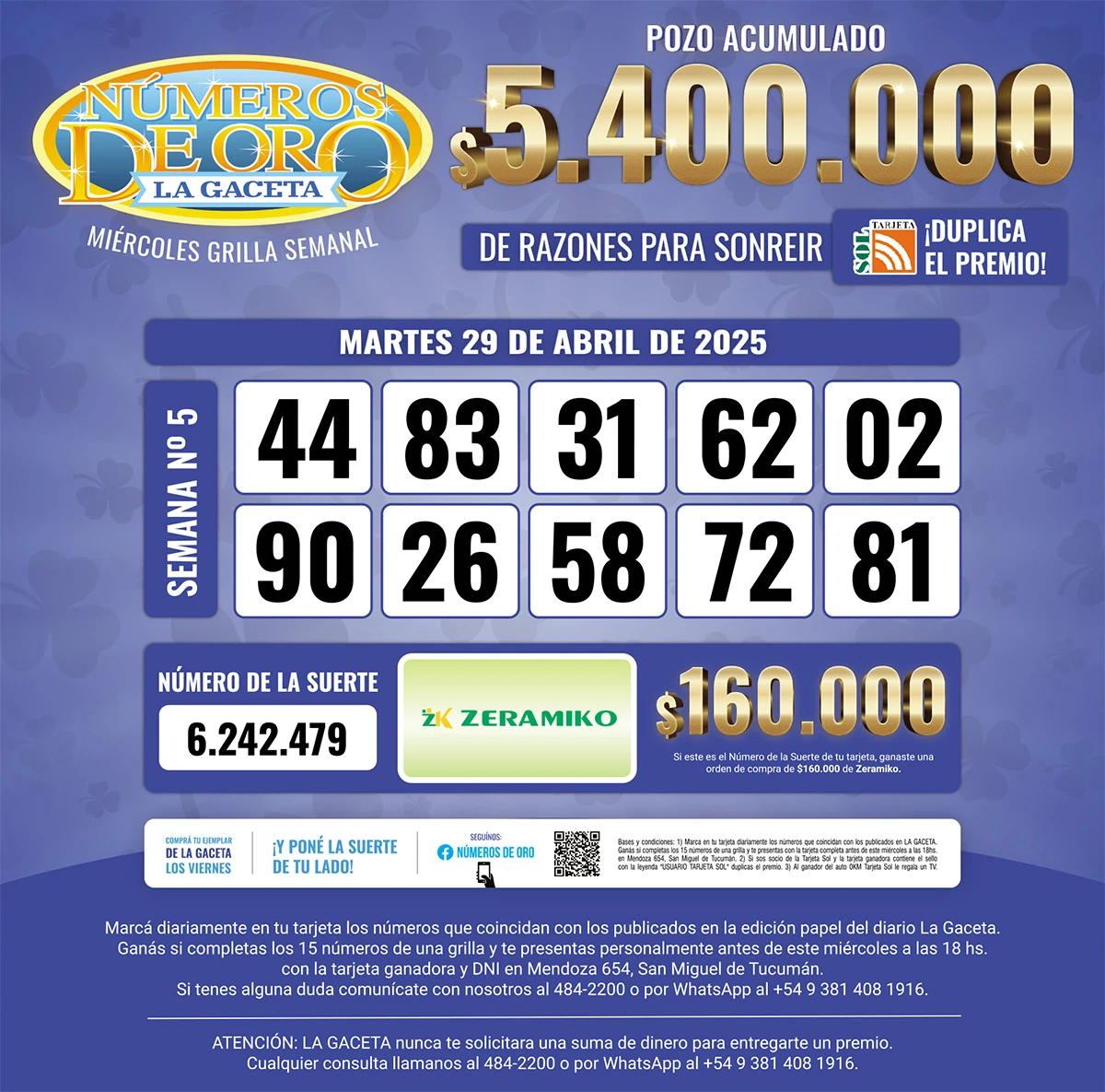 Los Números de Oro de LA GACETA del 29 de abril de 2025