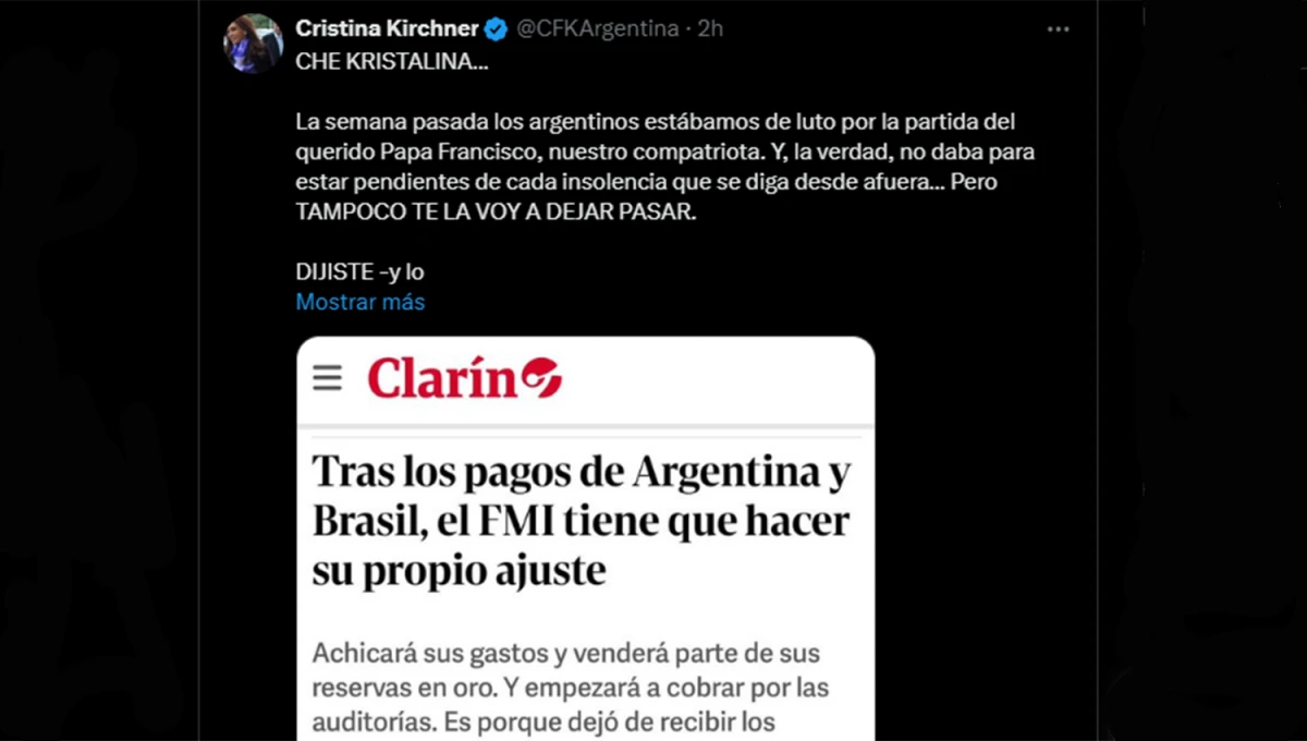 CFK apuntó contra el FMI por pedir que voten al Gobierno en octubre