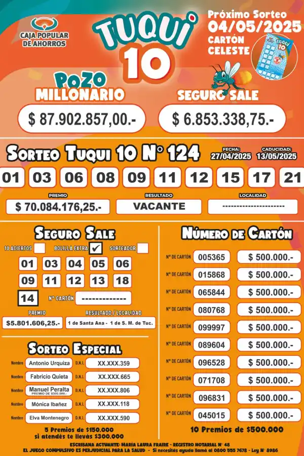 Tuqui 10: cómo salió el sorteo del domingo 27 de abril