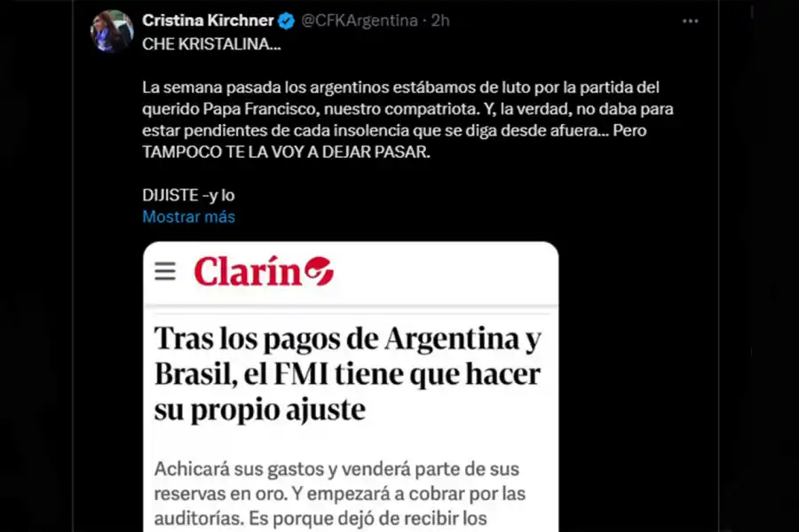 CFK apuntó contra el FMI por pedir que voten al Gobierno en octubre