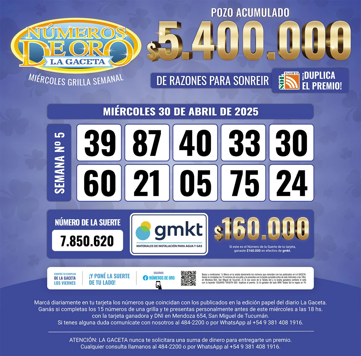 Los Números de Oro de LA GACETA del 30 de abril de 2025