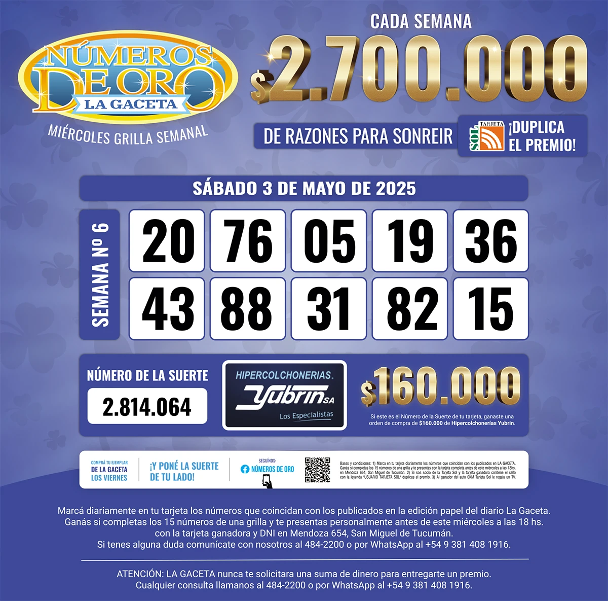 Los Números de Oro de LA GACETA del 3 de mayo de 2025