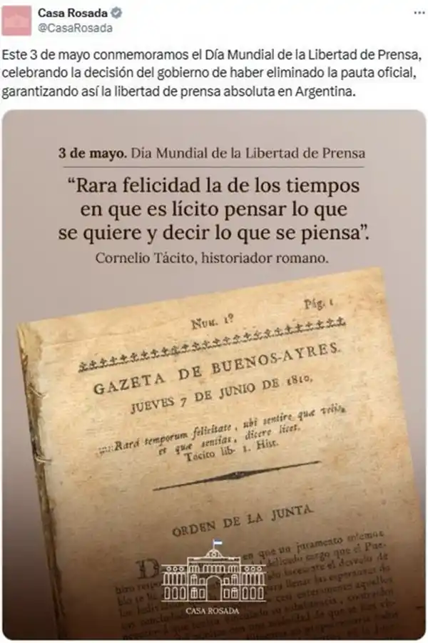 El mensaje del Gobierno en el Día Mundial de la Libertad de Prensa: Eliminamos la pauta oficial