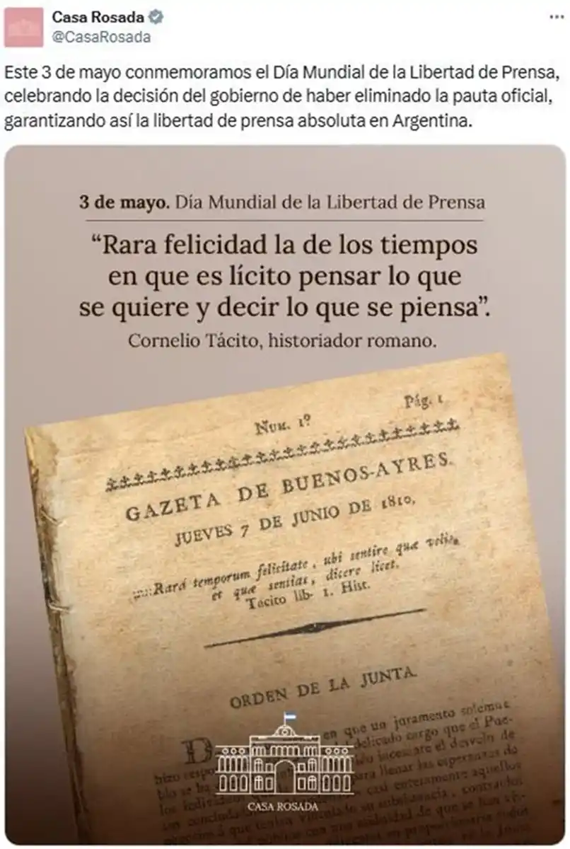 El mensaje del Gobierno en el Día Mundial de la Libertad de Prensa: Eliminamos la pauta oficial
