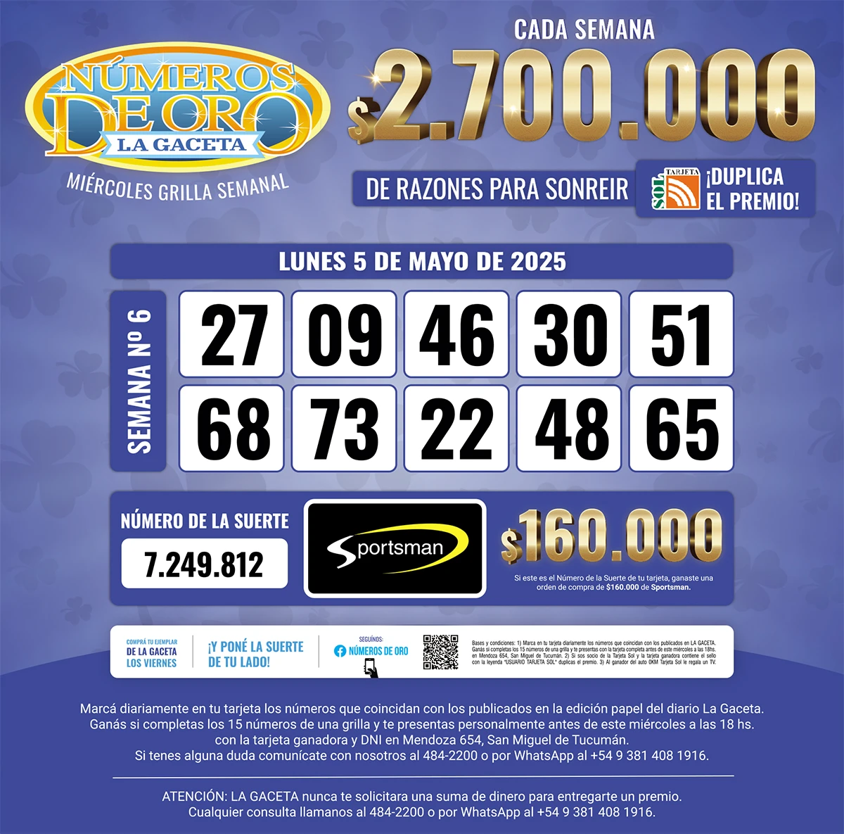 Los Números de Oro de LA GACETA del 5 de mayo de 2025