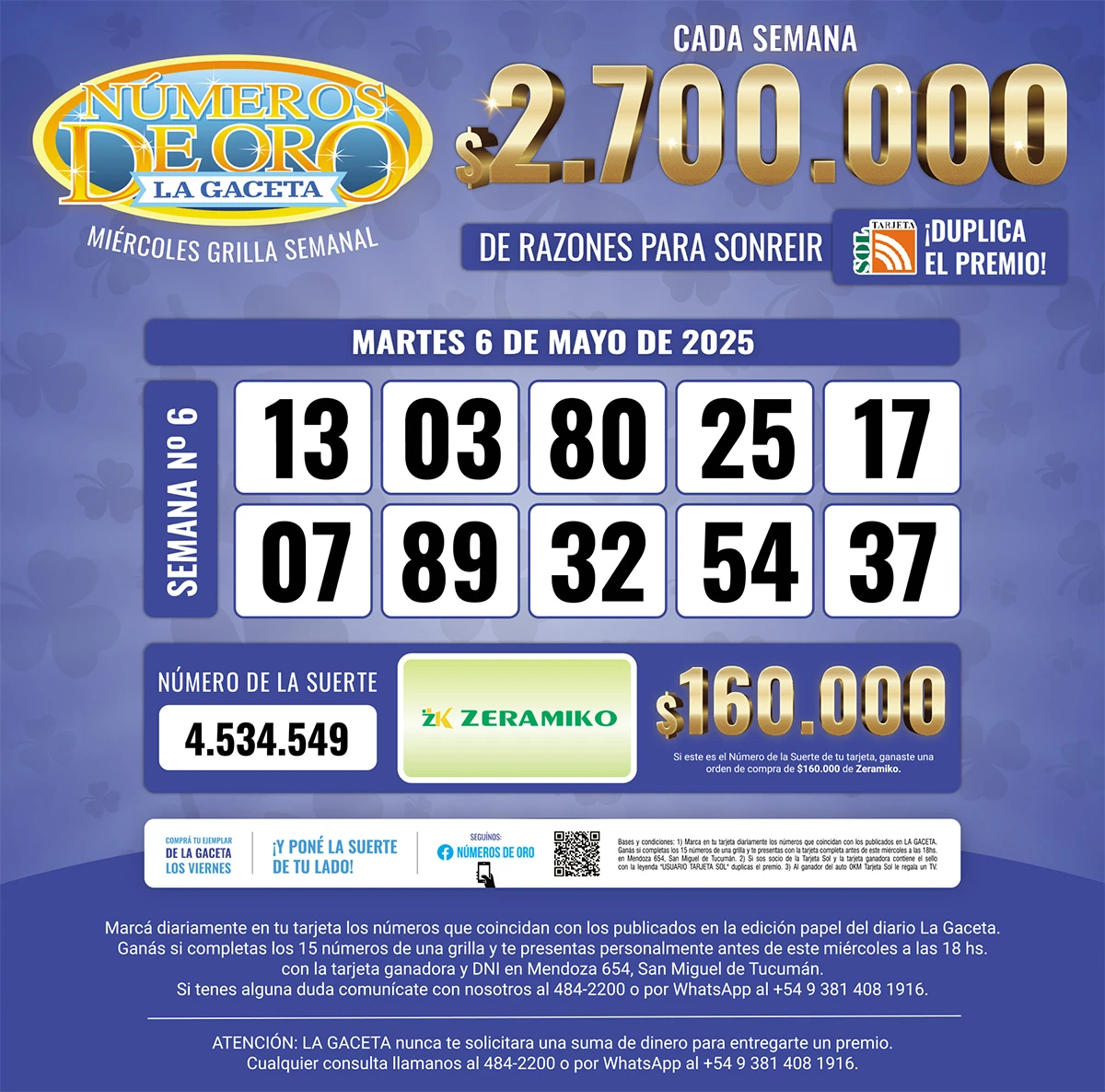 Los Números de Oro de LA GACETA del 6 de mayo de 2025