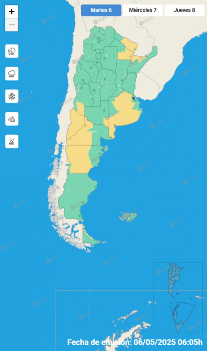 Alerta amarilla por tormentas eléctricas con ocasional caída de granizo en cinco provincias