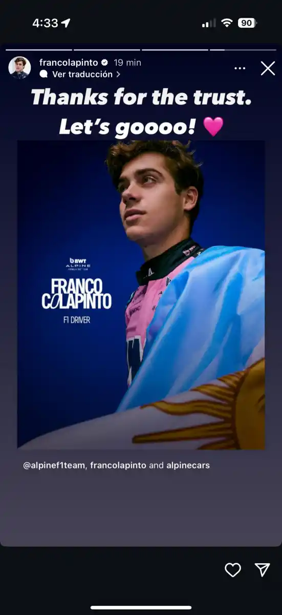 La reacción de Franco Colapinto tras el anuncio de su regreso a la Fórmula 1