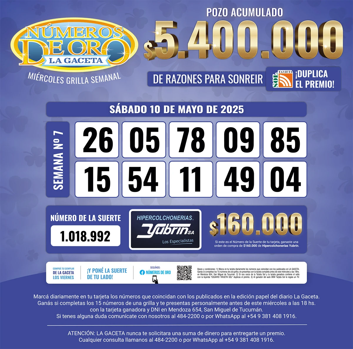 Los Números de Oro de LA GACETA del 10 de mayo de 2025