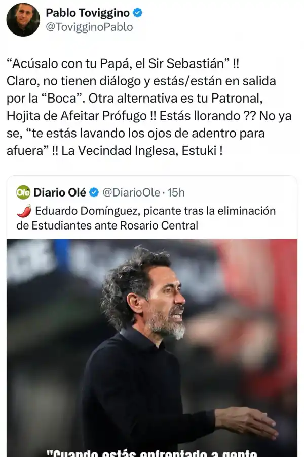 Pablo Toviggino fulminó a Eduardo Domínguez tras sus críticas a la AFA: ¡Acúsalo con tu papá!
