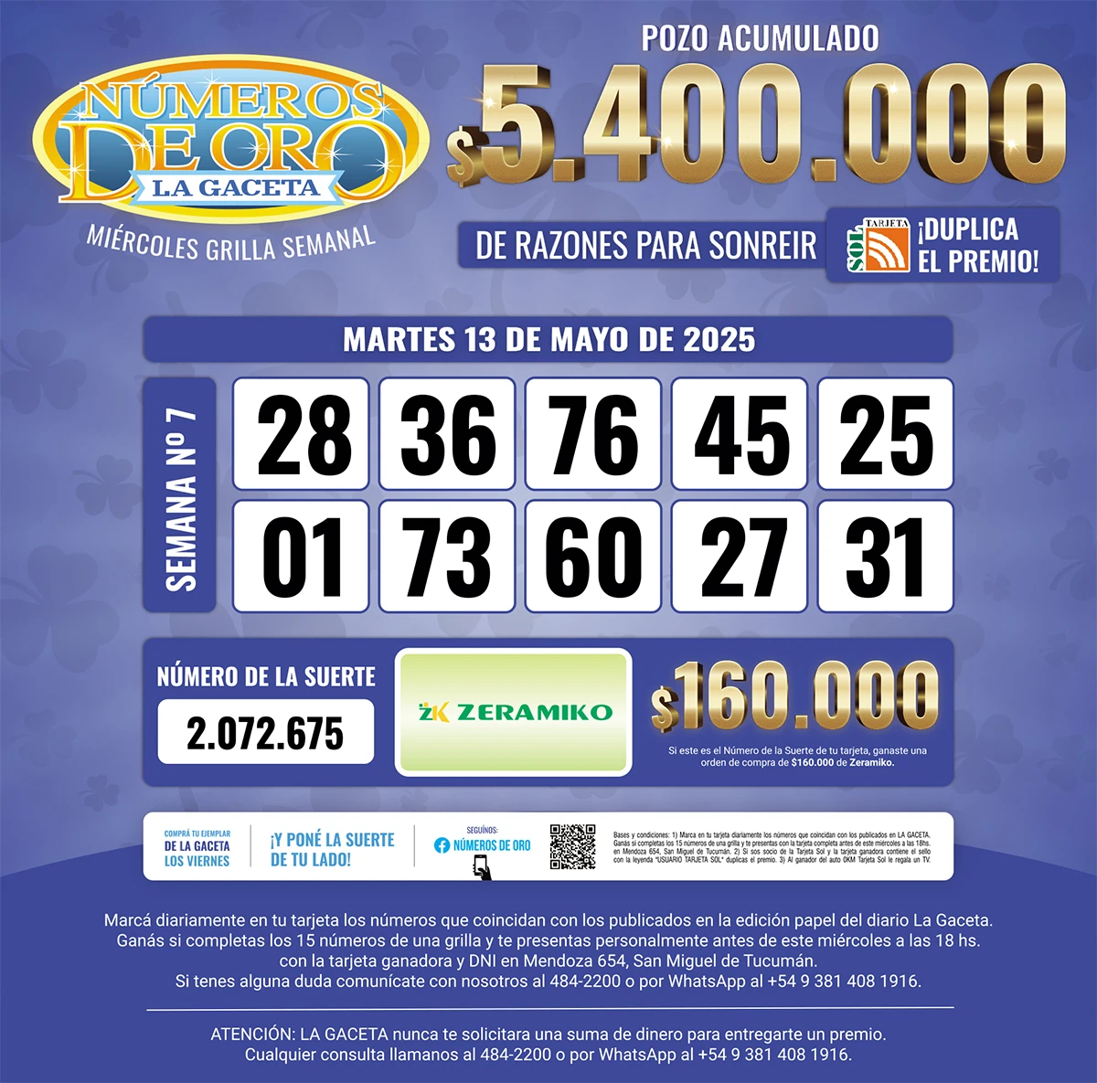 Los Números de Oro de LA GACETA del 13 de mayo de 2025