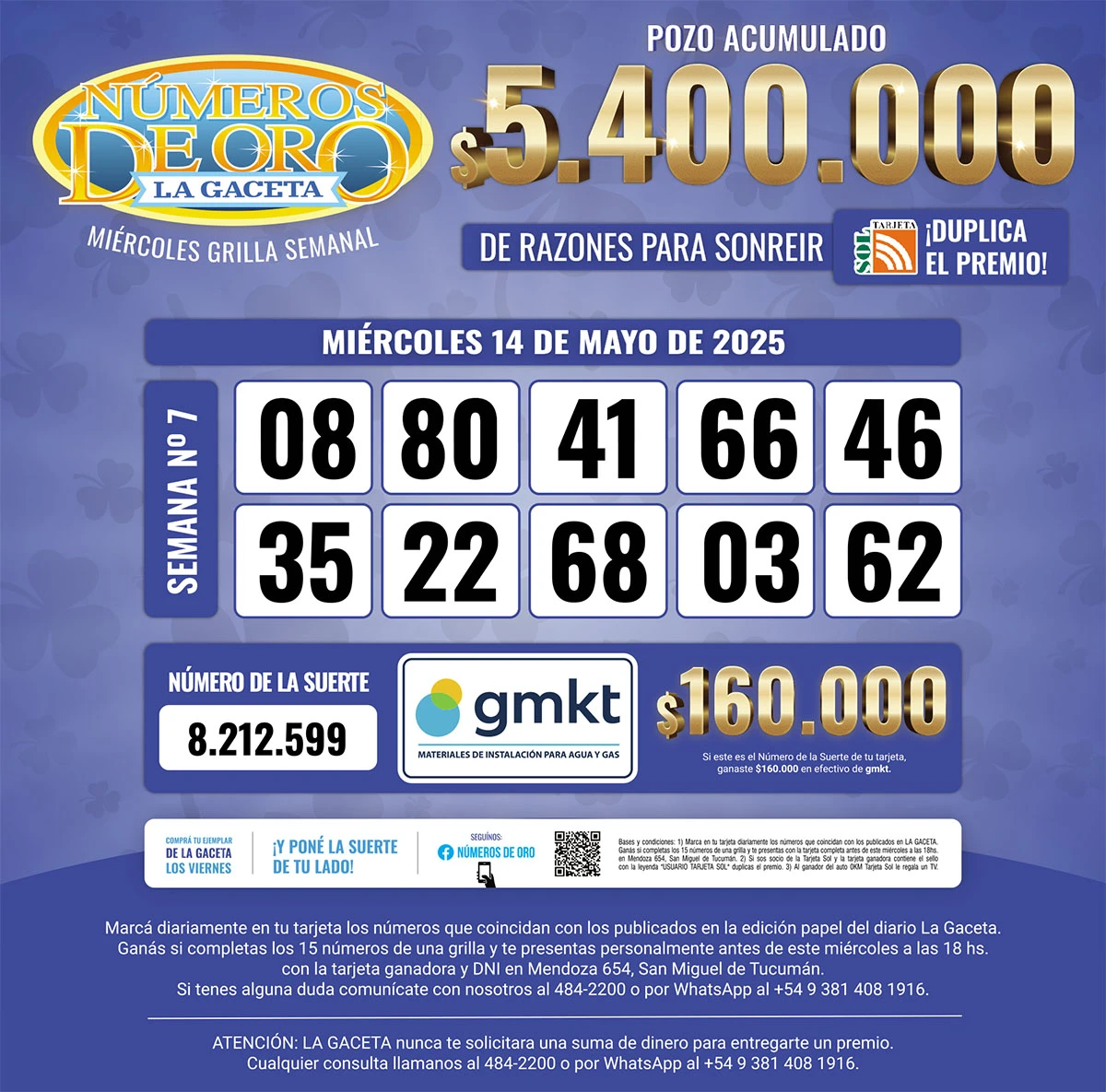 Los Números de Oro de LA GACETA del 14 de mayo de 2025