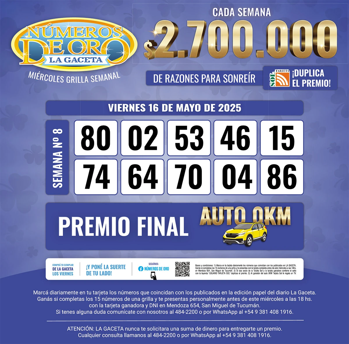 Los Números de Oro de LA GACETA del 16 de mayo de 2025