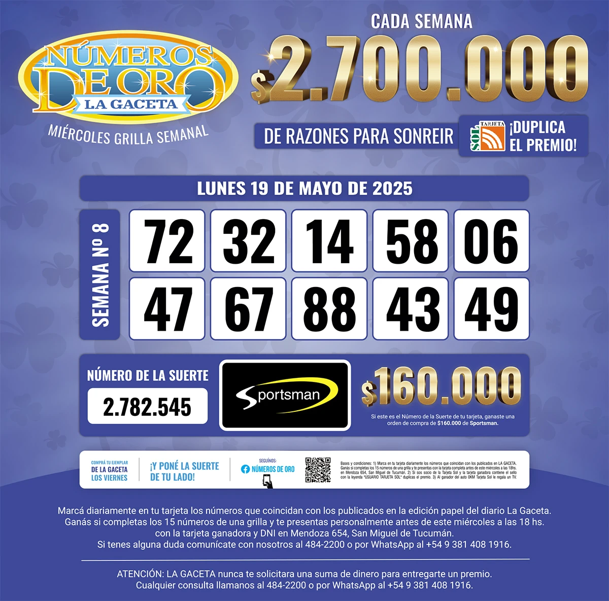 Los Números de Oro de LA GACETA del 19 de mayo de 2025