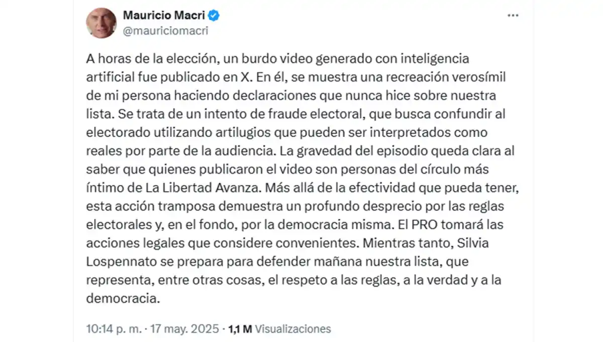 EL DESCARGO. Macri respondió desde su cuenta de X luego de que se viralizara el video falso. 
