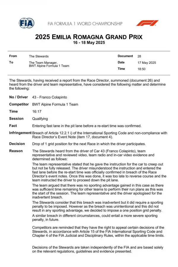 Fórmula 1: ¿Por qué Colapinto largará 16° en el Gran Premio de Imola?
