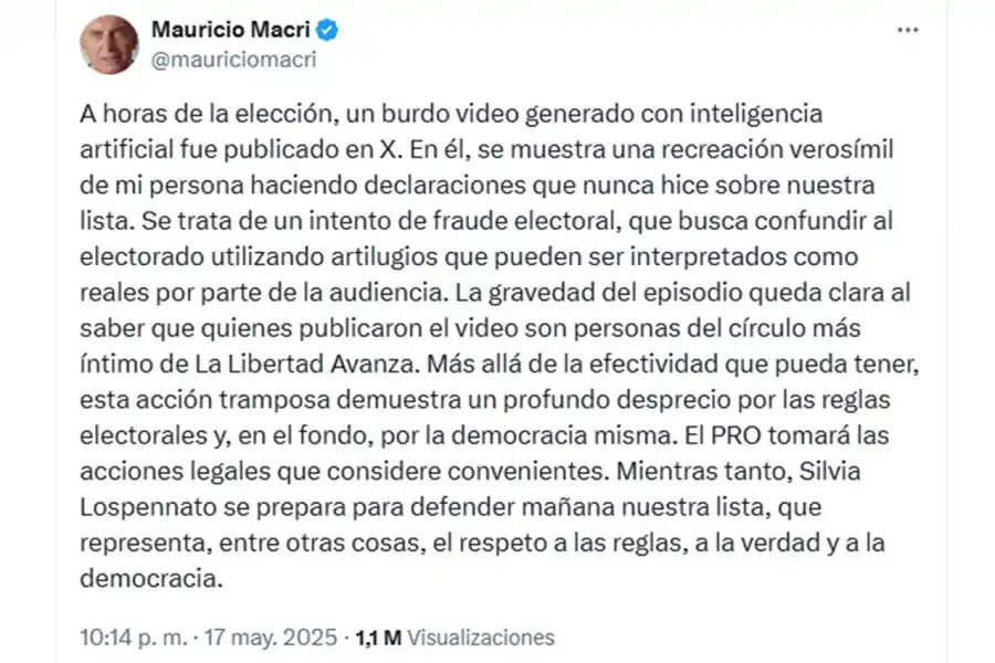 EL DESCARGO. Macri respondió desde su cuenta de X luego de que se viralizara el video falso. 