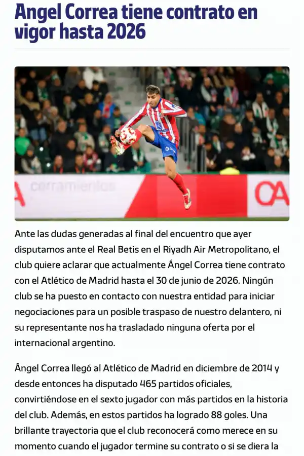 Atlético de Madrid le marcó la cancha a Correa: “tiene contrato hasta 2026”