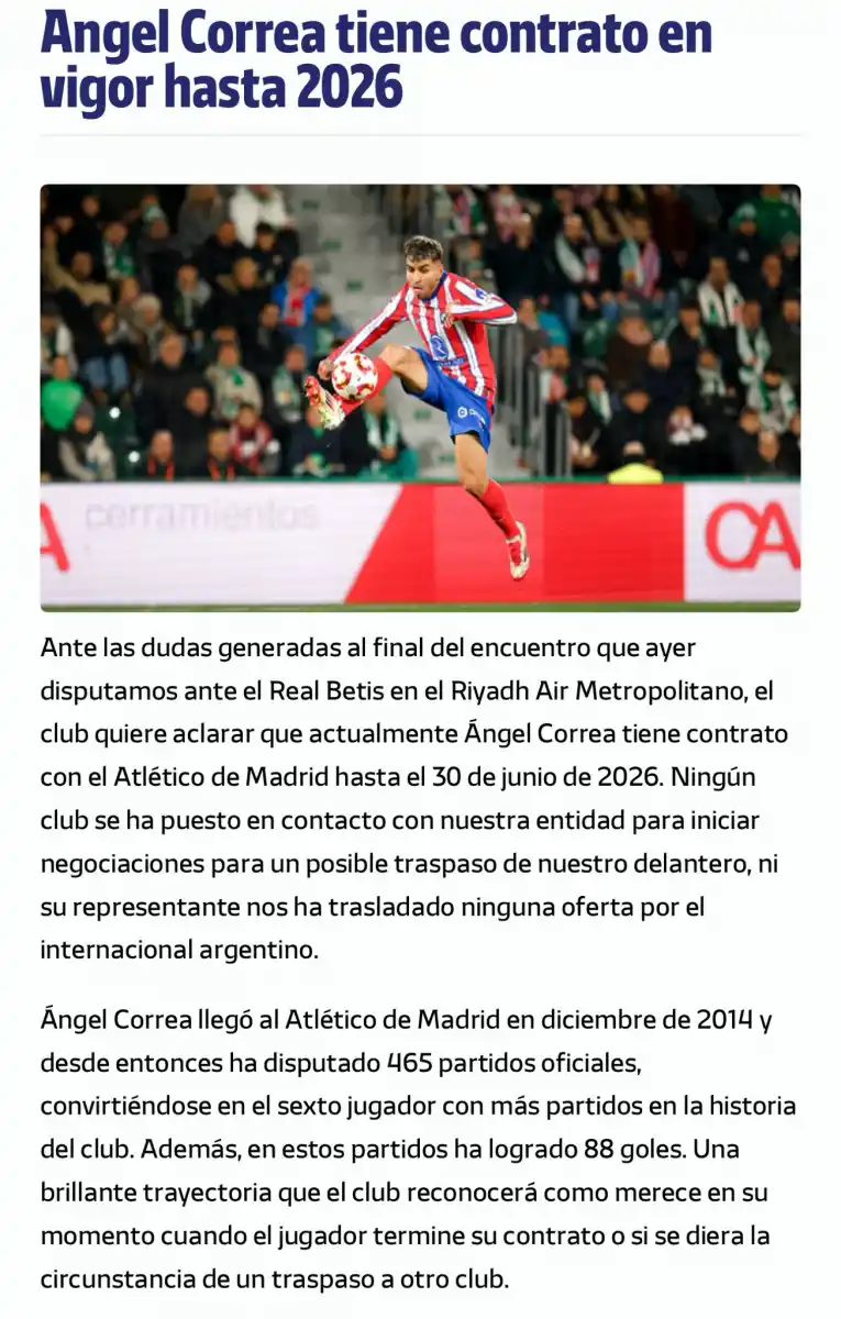 Atlético de Madrid le marcó la cancha a Correa: “tiene contrato hasta 2026”
