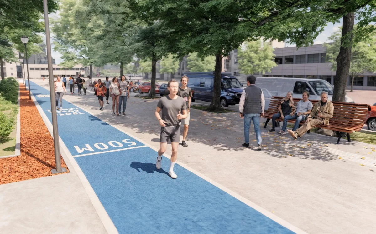 BARRIO NORTE. El proyecto incluye una franja de piso anti golpes para caminatas y running. 