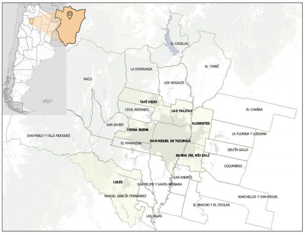 IMPORTANTE ESTUDIO. El mapa actualizado es una elaboración de Inés González Alvo con base a LEM-DAMI (2016) e información  disponible en Infraestructura de Datos Espaciales Tucumán (IDET).