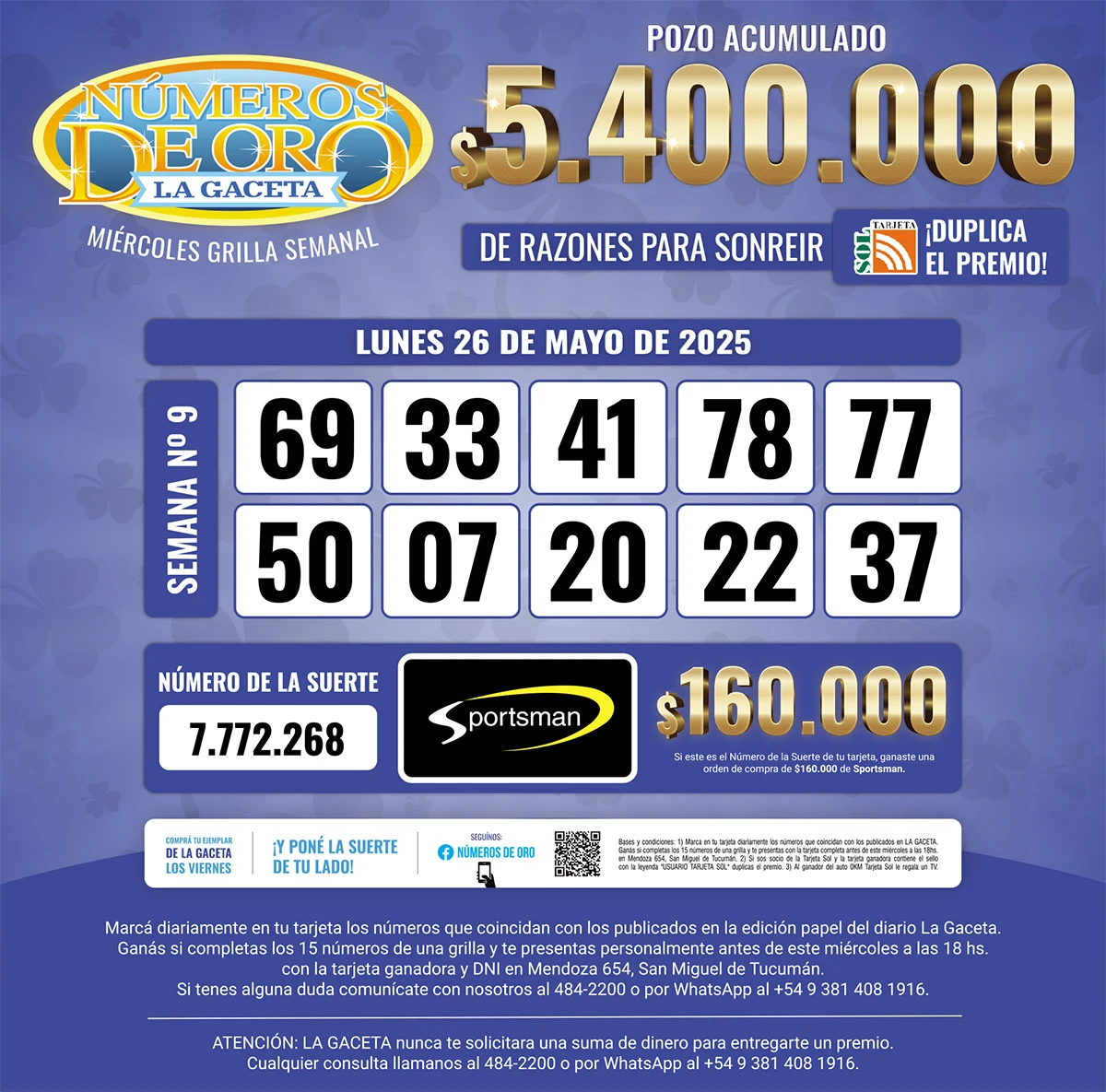 Los Números de Oro de LA GACETA del 26 de mayo de 2025
