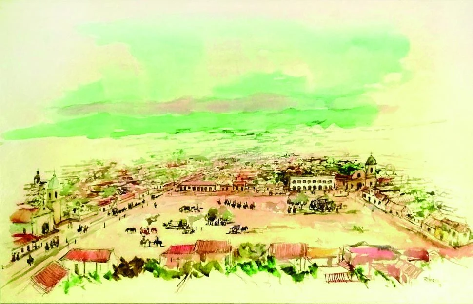 ACUARELA DE GUSTAVO RIBERO. La plaza Independencia y sus alrededores a principios del siglo XIX. Un escenario similar al que encontró Castelli.