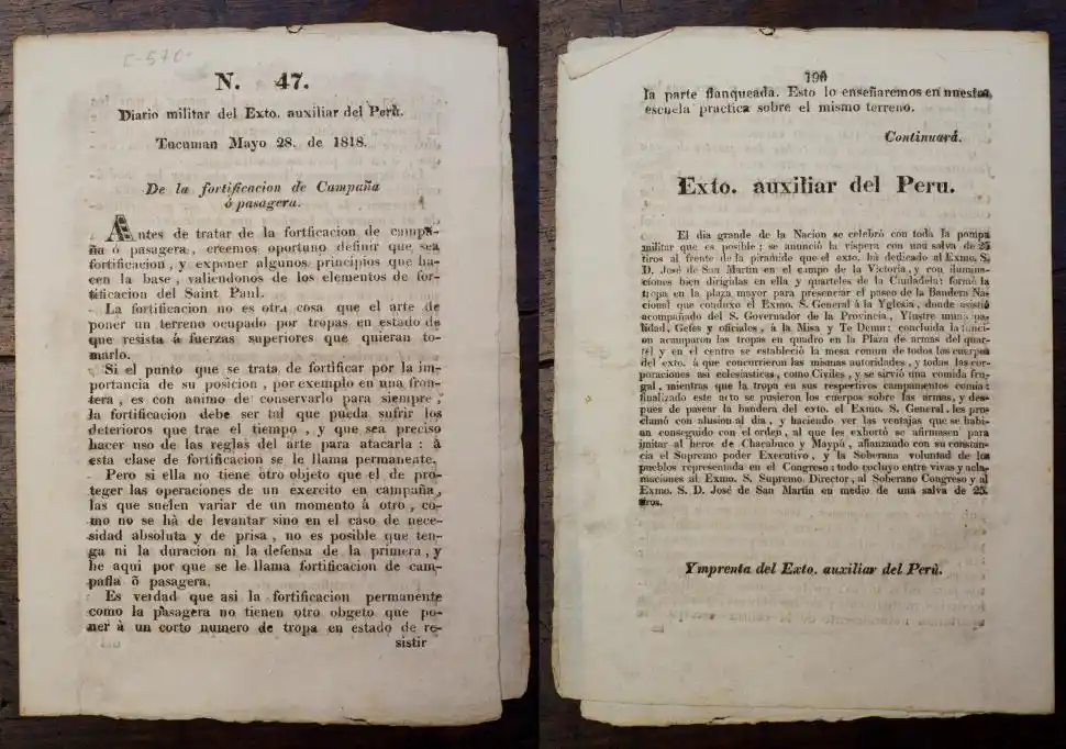 PÁGINA FRONTAL Y POSTERIOR DEL DIARIO MILITAR, NÚMERO 47. Se conserva en el Museo Histórico Provincial Nicolás Avellaneda.