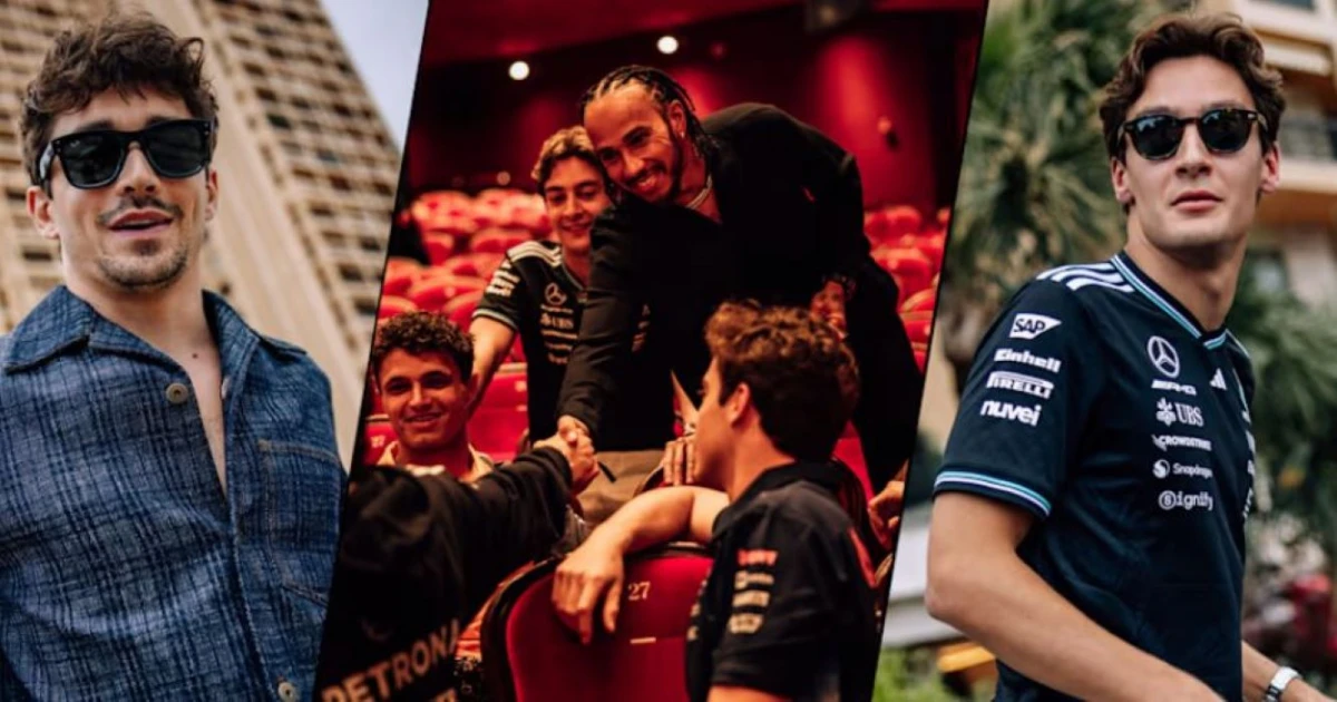 EN LA FUNCIÓN. Leclerc, Colapinto de espalda, Russell, Norris y Hamilton en la sala de cine.