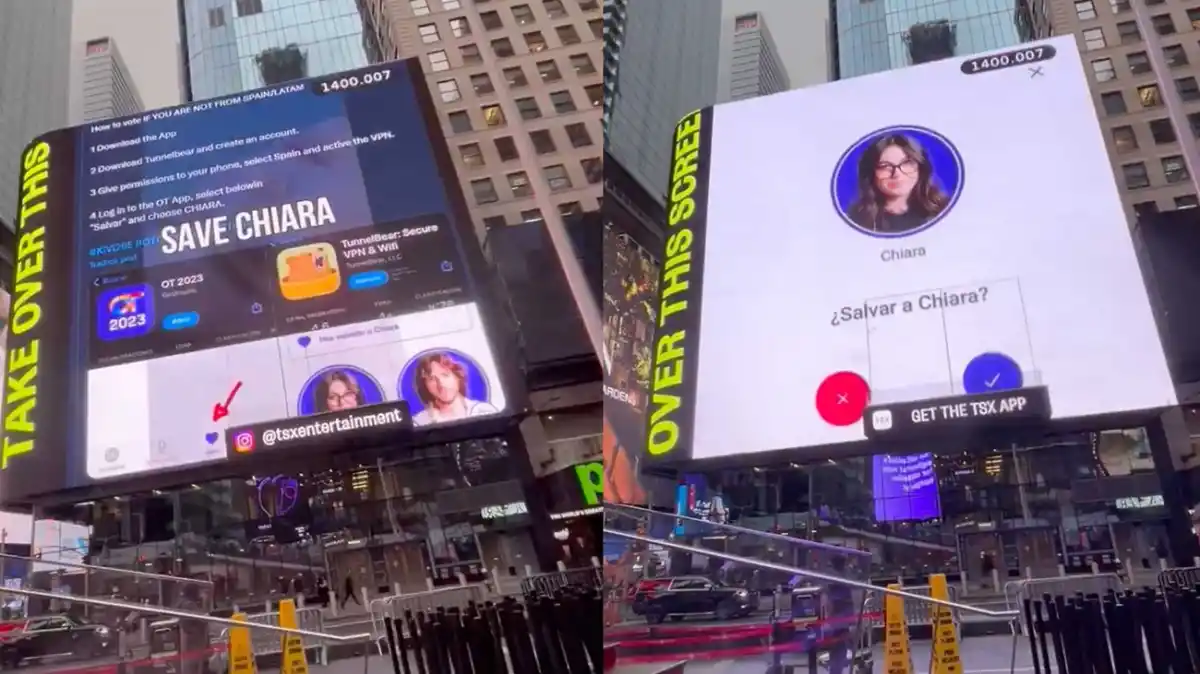 MOVIDA DE FANS. Los seguidores de OT23 se movilizan para poner un anuncio en Times Square para salvar a Chiara. / OPERACIÓN TRIUNFO