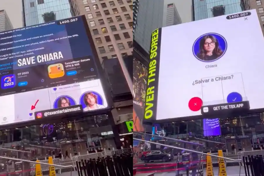 MOVIDA DE FANS. Los seguidores de OT23 se movilizan para poner un anuncio en Times Square para salvar a Chiara. / OPERACIÓN TRIUNFO