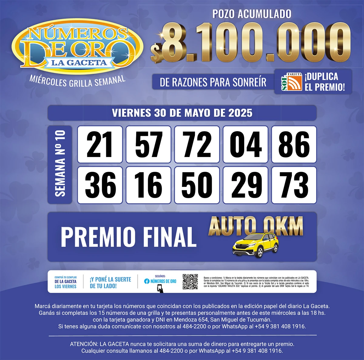 Los Números de Oro de LA GACETA del 30 de mayo de 2025