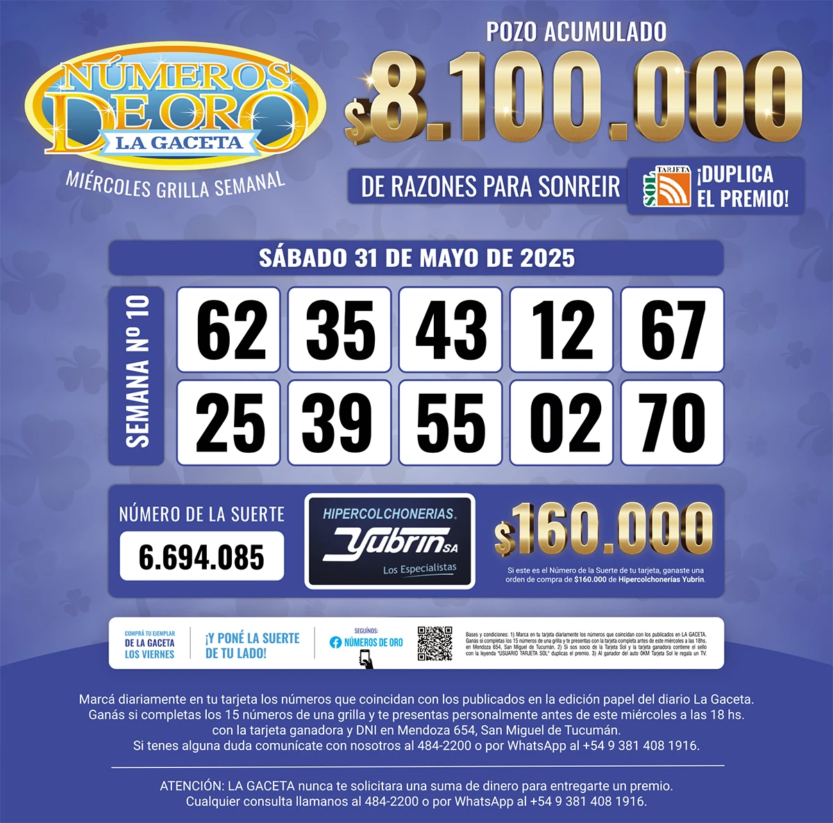 Los Números de Oro de LA GACETA del 31 de mayo de 2025