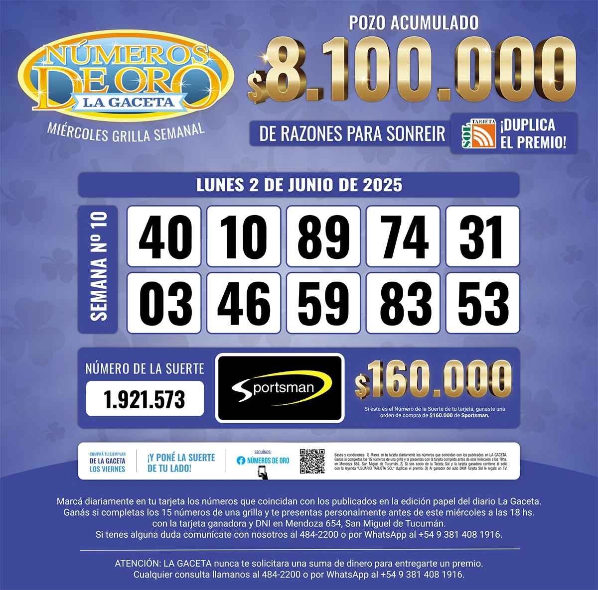 Los Números de Oro de LA GACETA del 2 de junio de 2025