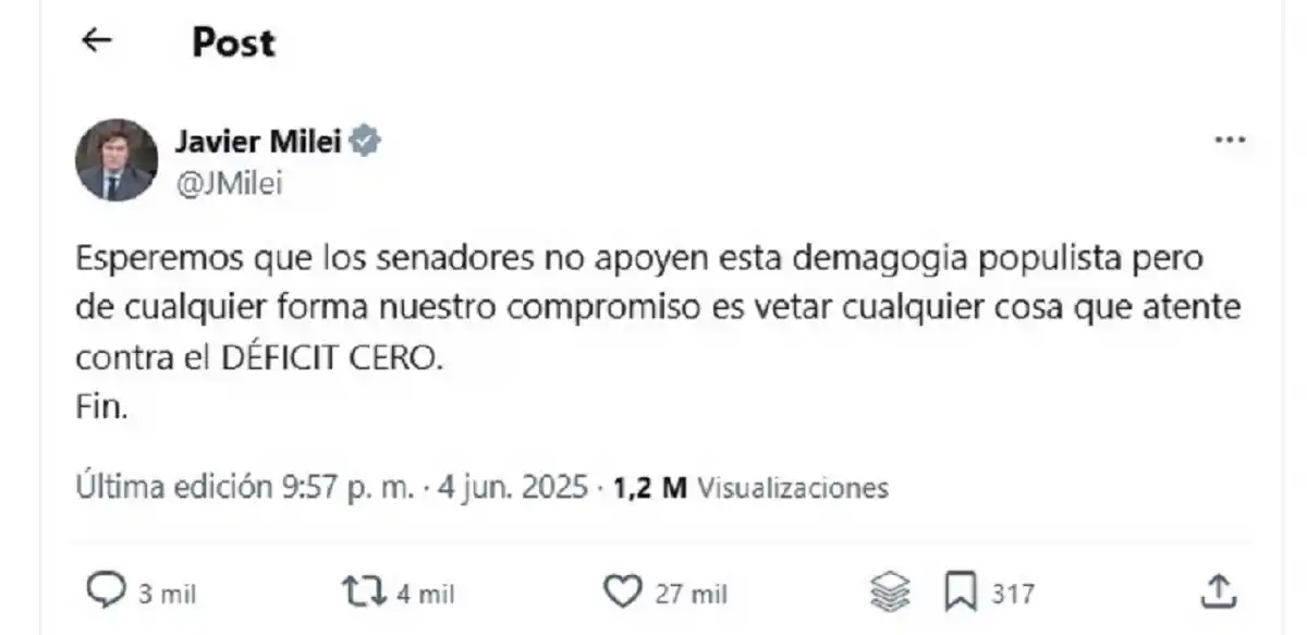Milei ratificó que vetará los cambios en jubilaciones: “Esperemos que los senadores no apoyen esta demagogia”
