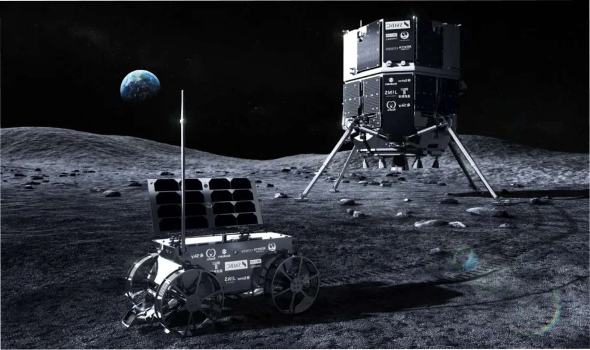 El módulo de aterrizaje lunar Resilience (ilustrado, izquierda), propiedad de la empresa ispace con sede en Tokio, intentó aterrizar en la superficie de la luna el 5 de junio. ispace/Science News