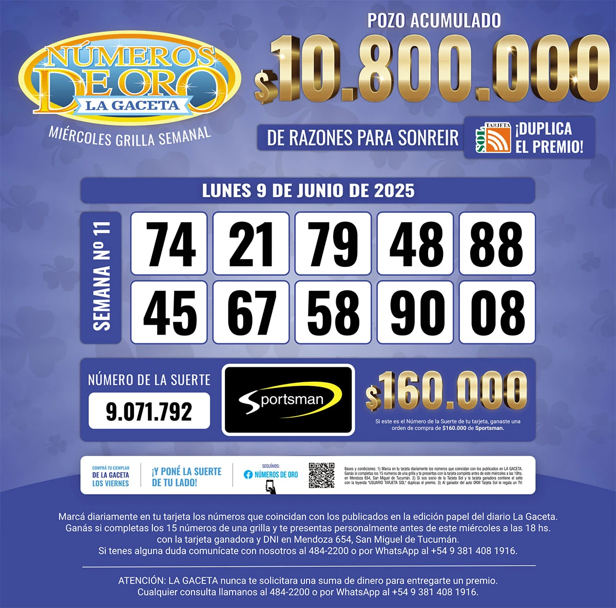 Los Números de Oro de LA GACETA del 9 de junio de 2025