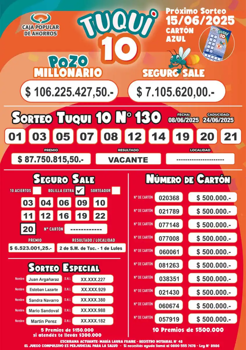 Tuqui 10: los resultados del sorteo del 8 de junio