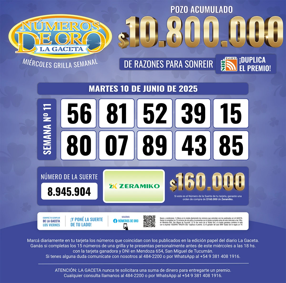 Los Números de Oro de LA GACETA del 10 de junio de 2025