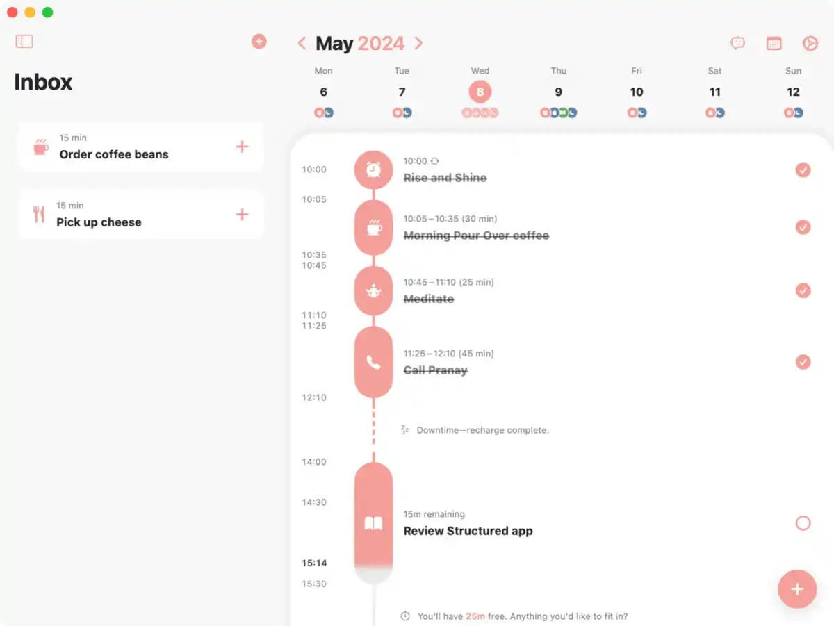 PLANIFICACIÓN PERSONAL. Structured permite ordenar el día en bloques horarios con una interfaz visual que ayuda a seguir rutinas sin estrés.
