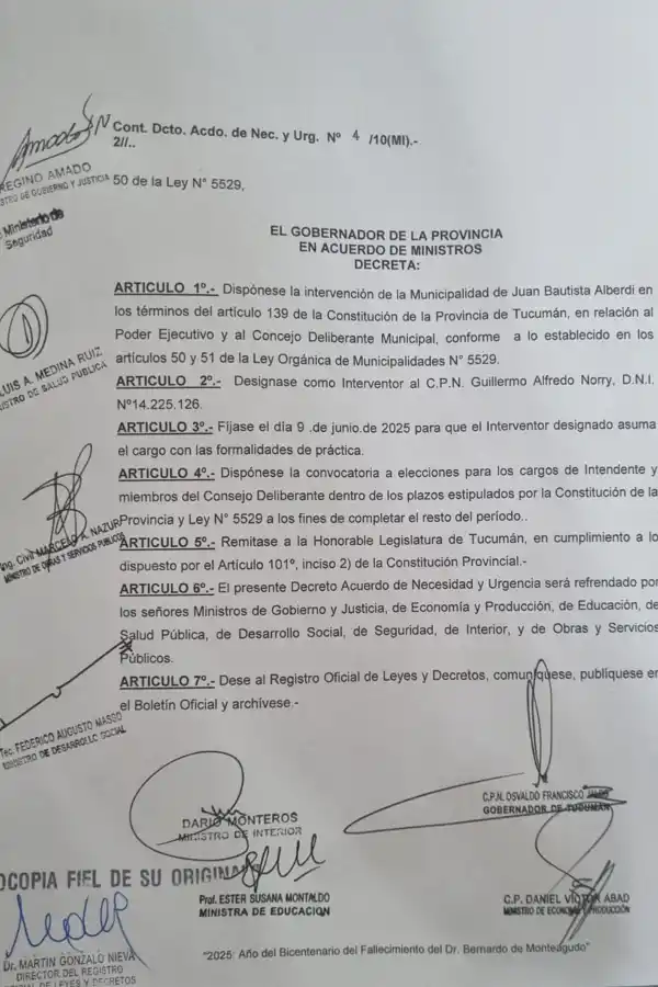 En el decreto, Jaldo justifica la intervención de Alberdi por el avance del narcotráfico